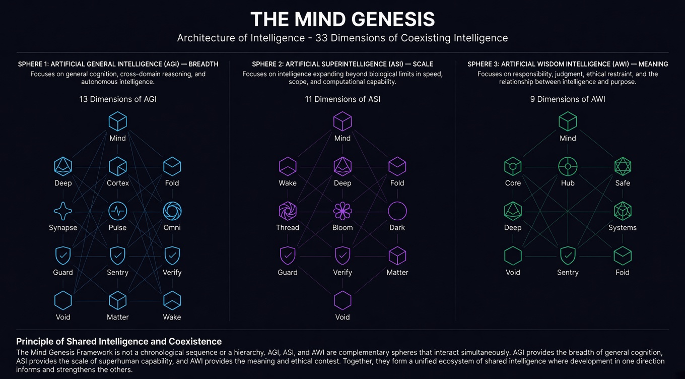 The Mind Genesis Architectural Interaction Map showing the proposed 33 dimensions of simultaneous intelligence across AGI, ASI, and AWI.